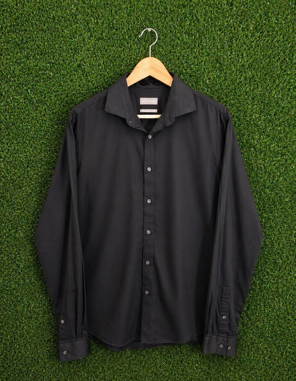 Michael Kors Men's Dress Shirt Slim Fit Stretch Black Long Sleeve Size L 16...